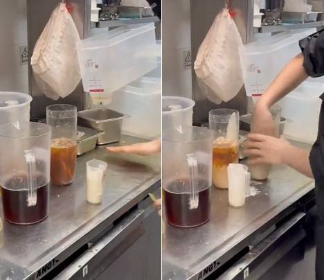 중국의 유명 밀크티 브랜드 매장에서 직원이 흘린 음료를 컵에 답아 맨손으로 밀크티를 만드는 모습. [도우인 캡처] 